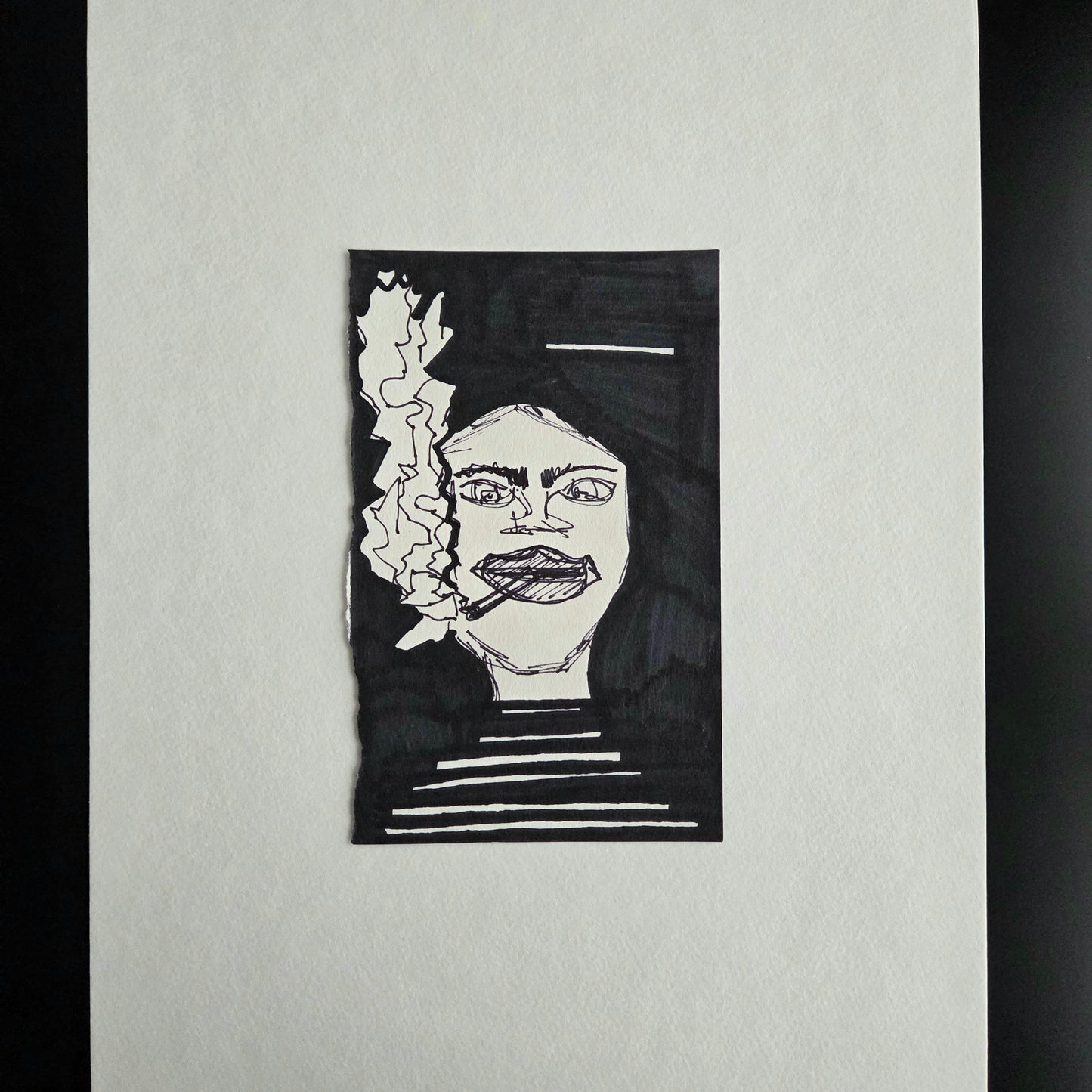 "Smoker" Raw Art Original on scrap sketch 6x3.75