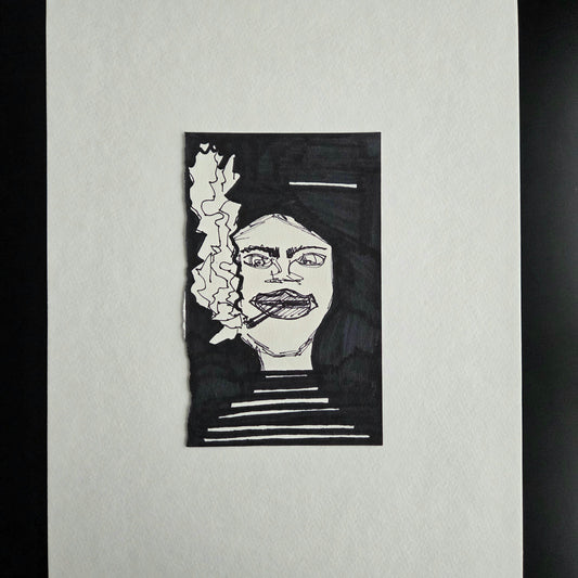 "Smoker" Raw Art Original on scrap sketch 6x3.75